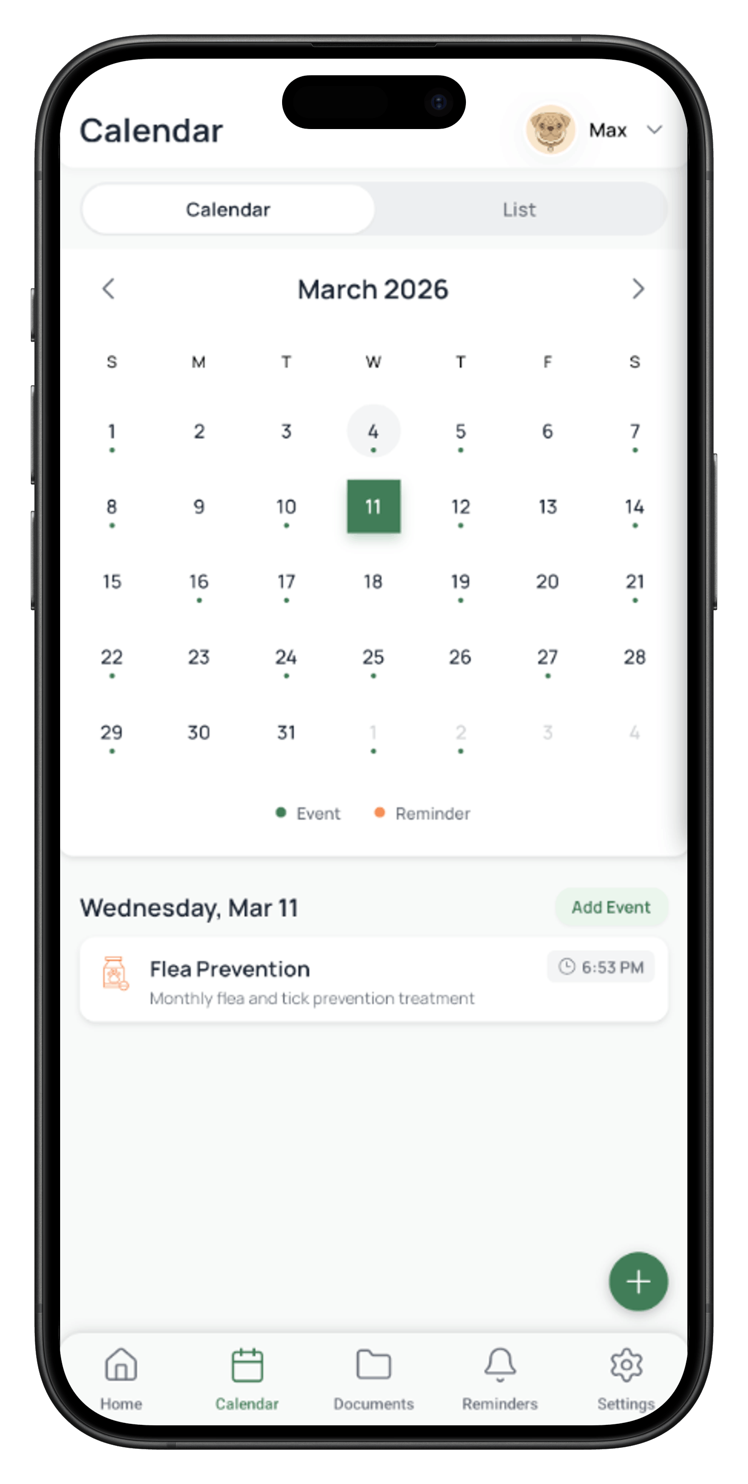 Pawganize calendar screen showing monthly view with health event dots