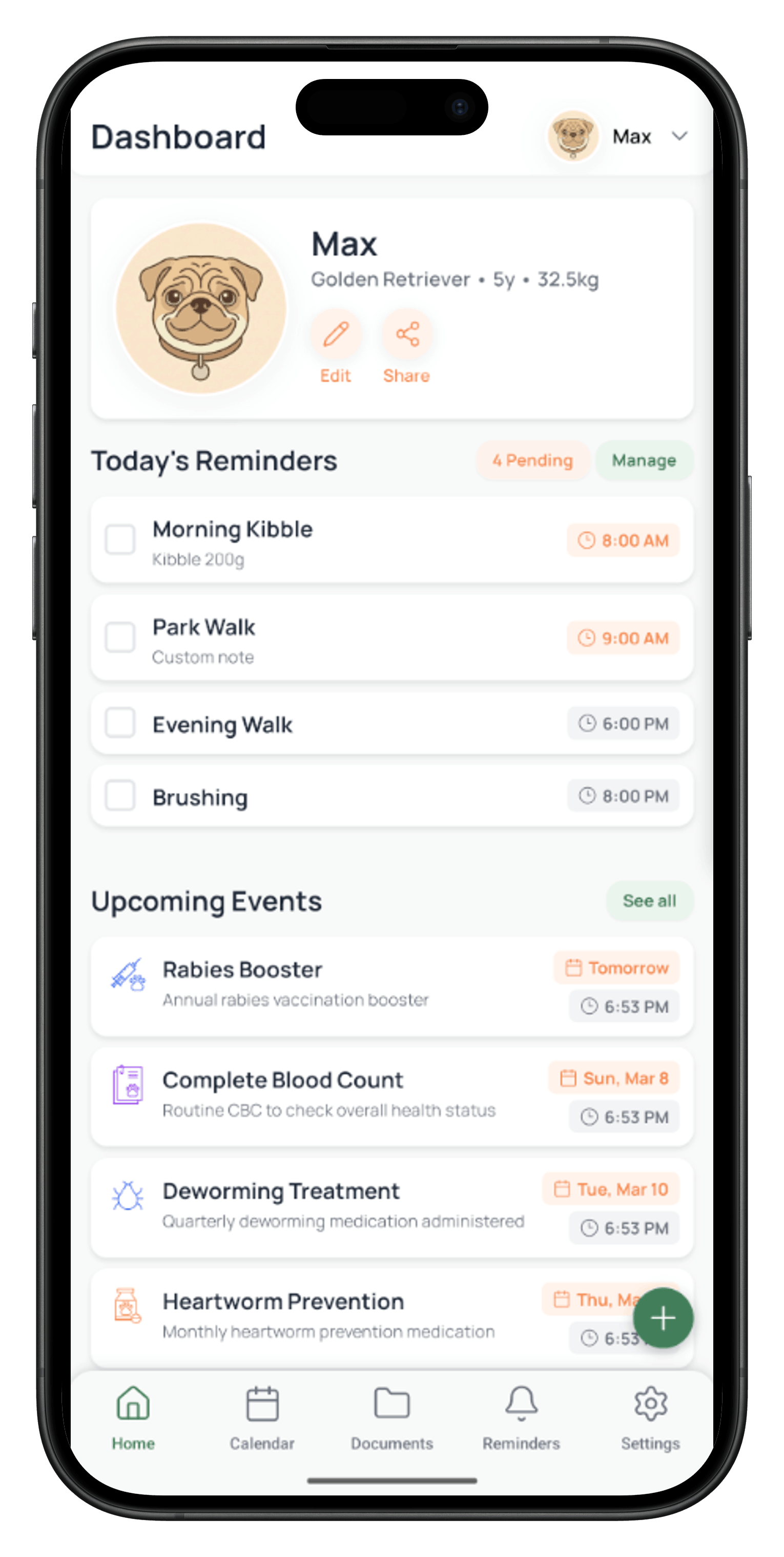 Pawganize app dashboard showing pet health records and reminders