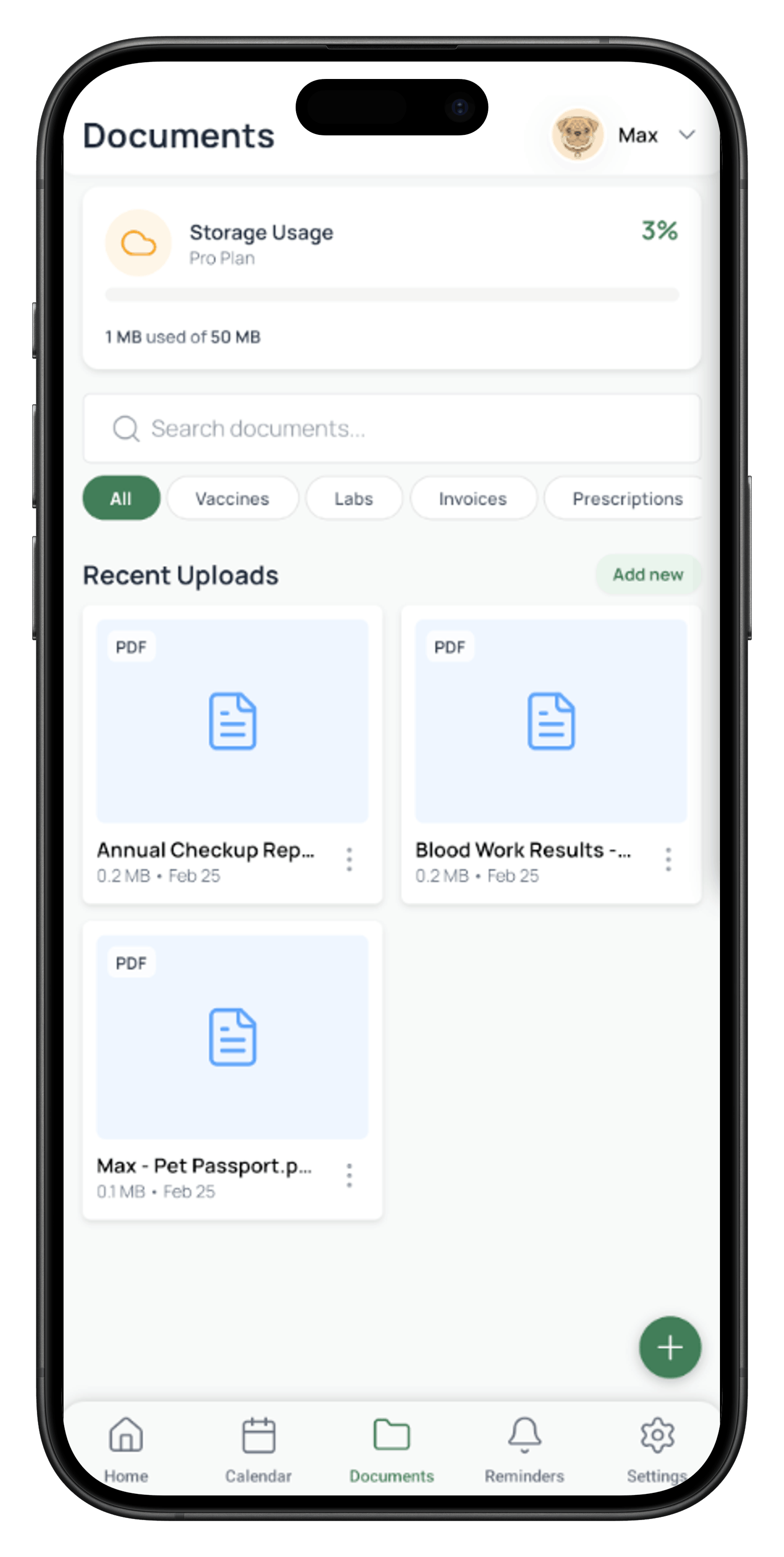 Pawganize document vault screen showing uploaded PDFs